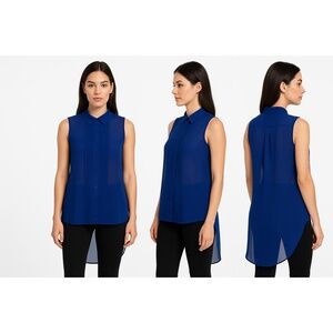 Pleated Front Blue‎ Sheer Sleeveless Tails Top ButtonDown Longer Back Blouse